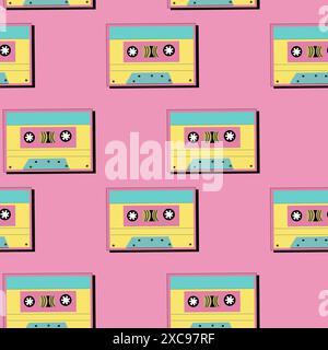 90s music background with audio equipment from 00s. Retro fashion seamless pattern with cassette. Geometry shapes and other 90s elements background. Stock Vector