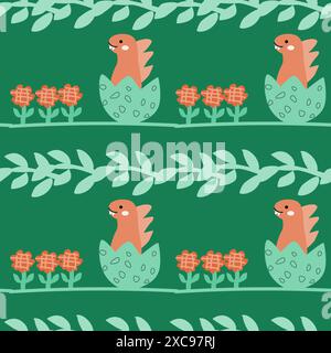 Childrens animals pattern of cute baby dinosaurs collection. For textile. Nursery design. Childrens dinosaurs background with tropical tree. Childish Stock Vector