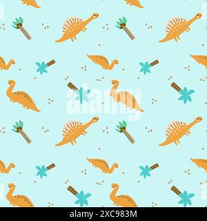 Childrens animals pattern of cute baby dinosaurs collection. For textile. Nursery design. Childrens dinosaurs background with tropical tree. Childish Stock Vector