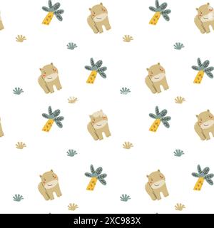 Childrens animals pattern with tropical plants. Childish cute print design with african animals and palm and hand drawn elements. Kids nursery scandin Stock Vector