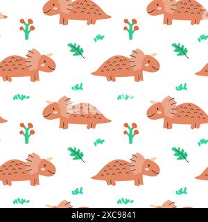 Childrens animals pattern of cute baby dinosaurs collection. For textile. Nursery design. Childrens dinosaurs background with tropical tree. Childish Stock Vector
