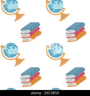 Childrens fashion school pattern. Back to school or kindergarten supplies seamless background. Hand drawn education elements design. Print for fabric, Stock Vector