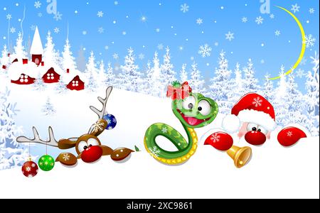 Santa Claus, green snake, and deer on the night of Christmas, in the background of a village and forest. Snow-covered houses and trees. Snowflakes and Stock Vector