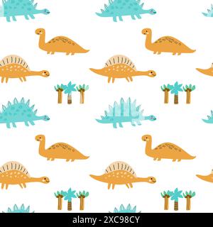 Childrens animals pattern of cute baby dinosaurs collection. For textile. Nursery design. Childrens dinosaurs background with tropical tree. Childish Stock Vector