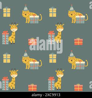 Childrens animals pattern, cute african jungle and tropical animal background for textile, poster, cover, wrapping paper. Celebration animals pattern Stock Vector