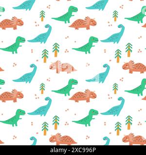 Childrens animals pattern of cute baby dinosaurs collection. For textile. Nursery design. Childrens dinosaurs background with tropical tree. Childish Stock Vector