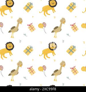 Childrens animals pattern, cute african jungle and tropical animal background for textile, poster, cover, wrapping paper. Celebration animals pattern Stock Vector