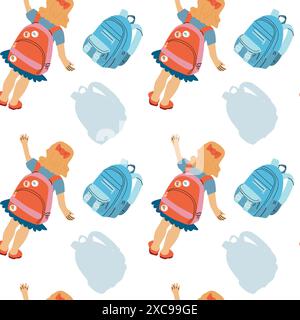 Childrens fashion school pattern. Back to school or kindergarten supplies seamless background. Hand drawn education elements design. Print for fabric, Stock Vector