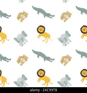Childrens animals pattern, cute african jungle and tropical animal background for textile, poster, cover, wrapping paper. Wild animals pattern. Lion, Stock Vector