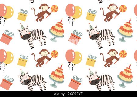 Childrens animals pattern, cute african jungle and tropical animal background for textile, poster, cover, wrapping paper. Celebration animals pattern Stock Vector