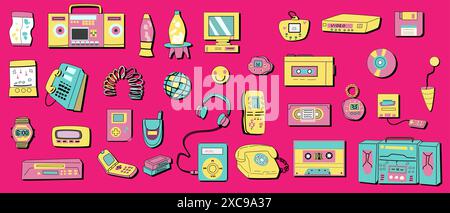 90s retro elements set. Bundle of vintage 1990 graphic illustrations of music and games items. Floppy and cd disk, computer, phone, cassette, film and Stock Vector