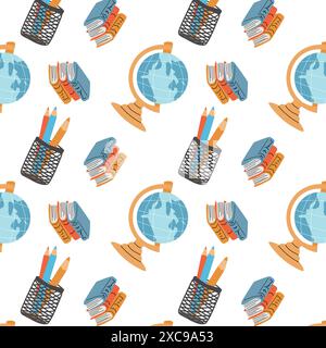 Childrens fashion school pattern. Back to school or kindergarten supplies seamless background. Hand drawn education elements design. Print for fabric, Stock Vector