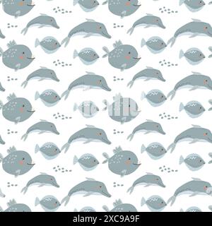 Childrens sea animals pattern, childish ocean marine life seamless background. Nursery baby animals print. Underwater inhabitants collection backgroun Stock Vector