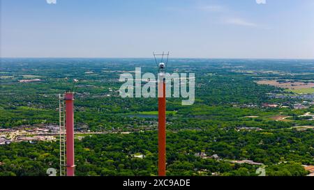 Aerial photograph of the twin masts of a TV antenna tower on the west ...