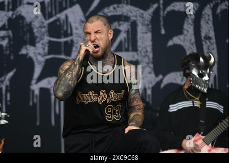 Donington, United Kingdom. 15th June 2024. Slaughter to Prevail perform on the Opus Stage, during Download Festival 2024. Cristina Massei/Alamy live news Stock Photo