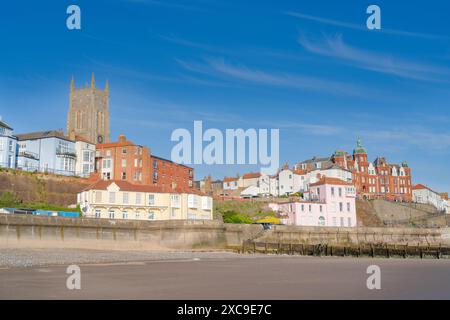 A view of the buildings in Cromer, North Norfolk, UK from the beach on a Spring day Stock Photo