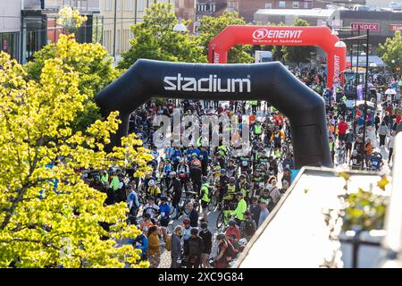 Cyclists in Motala, Sweden, during one of the world's largest recreational bicycle race, Vätternrundan, on Friday. Stock Photo