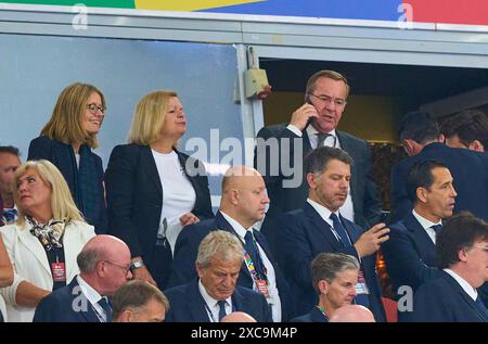 Nancy Faeser, SPD Bundesministerin des Innern und fuer Heimat der Bundesrepublik Deutschland, Verteidigungsminister Boris Pistorius, minister of defence, in the group stage match GERMANY - SCOTLAND 5-1 of the UEFA European Championships 2024 on Jun 14, 2024 in Munich, Germany. Photographer: ddp images/star-images Credit: ddp media GmbH/Alamy Live News Stock Photo