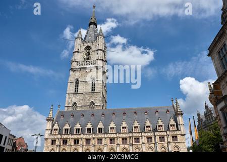 Ghent, Belgium; June,06,2024. Belfort or Belfry of Gent, one of the three medieval towers that dominate the old city center, built in 1380 Stock Photo