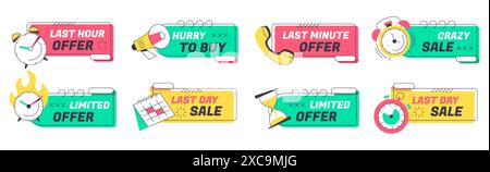 Last time offer logo design with calendar, alarm clock, stopwatch and megaphone icons. Promo discount badges set. Hot deal, hurry up buttons. Limited sale, countdown stickers or crazy promotion labels Stock Vector