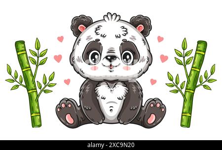 Cute baby panda Chinese bear sitting with bamboo plant branch. Funny little fluffy black white animal cartoon character. Adorable wild mammal vector Stock Vector