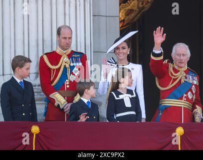 London, UK. 15th June, 2024. During Trooping the Colour at Buckingham Palace, Prince Louis, Catherine, Prince George, Princess Charlotte, Princess of Wales, Prince William, Prince of Wales, and King Charles III, Photographed by Credit: Michael Tubi/Alamy Live News Stock Photo