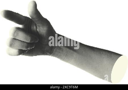 Collage halftone elements with pointing hands and doodle buttons. Fingers gesture touch, click, tap. Cut out shapes. Modern vintage trendy design Stock Vector