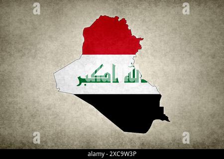 Grunge map of Iraq with its flag printed within its border on an old paper. Stock Photo