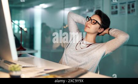 Business woman, computer and finished with work deadline, project and relax break. Female person, employee and stretching after task achievement, job Stock Photo