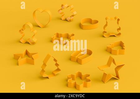 Set of metal cookie cutters for homemade Christmas biscuit on a yellow monochrome background. 3d render of making gingerbread cookies in the kitchen. Stock Photo