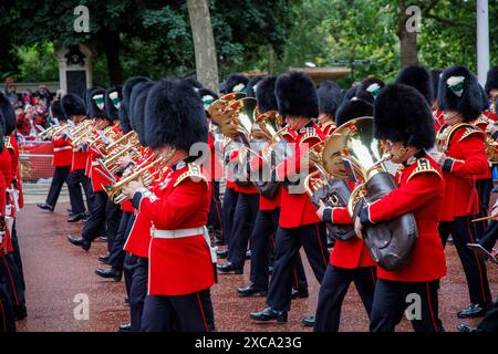 London, UK. 15th June 2024. 15th June 2024 Trooping the Colour has marked the official birthday of the British Sovereign for over 260 years. Over 1400 parading soldiers, 200 horses and 400 musicians parade in a great display of military precision, horsemanship and fanfare. Credit: Mark Thomas/Alamy Live News Stock Photo