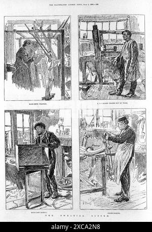 This illustration depicts four scenes of industrial labor in London in 1888. Each scene represents a different trade, showing the workers in their daily routine. The image captures the cramped and often harsh conditions of the sweating system, a term used to describe the exploitative labor practices common in the late 19th century. Stock Photo