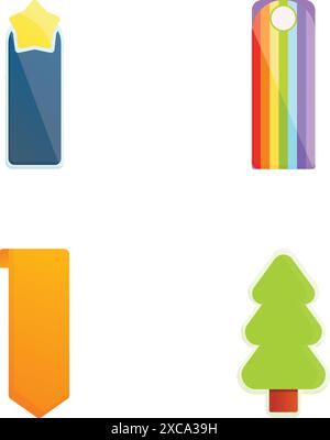 Colorful bookmark icons set cartoon vector. Bright decorative paper book mark. Stationery Stock Vector