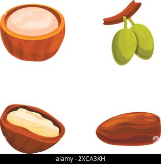 Shea butter icons set cartoon vector. Shea nut with liquid extract. Cosmetic ingredient Stock Vector