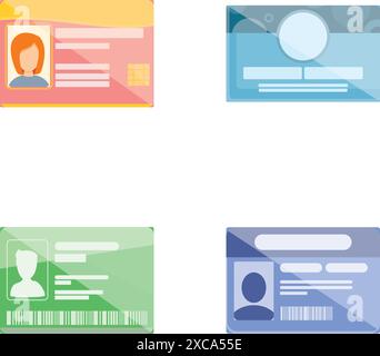 Identity card icons set cartoon vector. Driver license, id card or plastic card. Access control, personal document Stock Vector