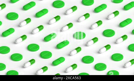 Many white green capsules, tablets and pills on white background, tablet grid. Drug, tablet, pills top flat view. 3d render illustration Stock Photo