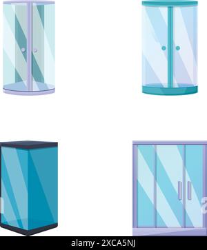 Transparent door icons set cartoon vector. Various clear glass door. Interior element Stock Vector