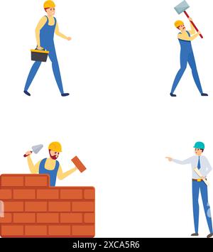 Builder character icons set cartoon vector. Male builder and contractor. Working on construction site Stock Vector