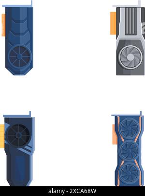 Graphic card icons set cartoon vector. Computer graphic card with cooling fan. Personal computer component Stock Vector