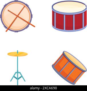 Various drum icons set cartoon vector. Drum of different style and color. Percussion musical instrument Stock Vector
