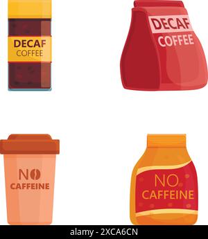 Caffeine free icons set cartoon vector. Cup and packaging of decaf coffee. Decaffeinated drink Stock Vector