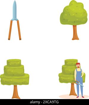 Trimming work icons set cartoon vector. Professional gardener with various tool. Backyard landscaping Stock Vector