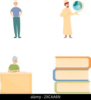 Arabic lesson icons set cartoon vector. Arabic pupil in national cloth ...