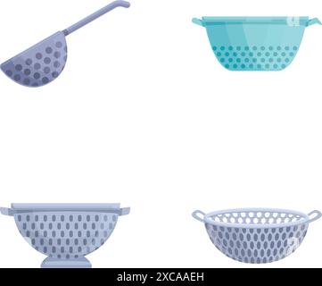 Cook colander icons set cartoon vector. Colander of various shape and color. Kitchenware Stock Vector