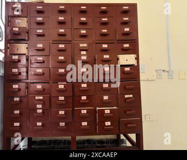 381 Vintage wooden file cabinet featuring drawers with label holders to show the initial letter of its content by author, title, subject. Bayamo-Cuba. Stock Photo