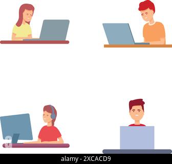 Programmer people icons set cartoon vector. Software development team. Web development, programming Stock Vector