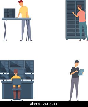 System administration icons set cartoon vector. Man adjusting network connection. Service maintenance Stock Vector
