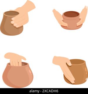 Pottery manufacturing icons set cartoon vector. Creating clay vase on wheel. Pottery master class Stock Vector