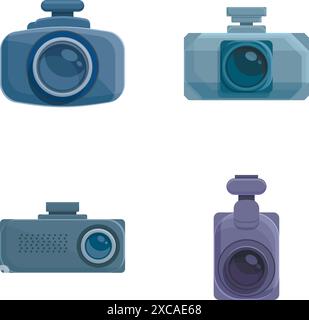 Car camera icons set cartoon vector. Car dvr. Modern technology Stock Vector