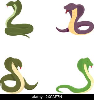 Cobra snake icons set cartoon vector. Cartoon cobra character. Animal, reptile Stock Vector